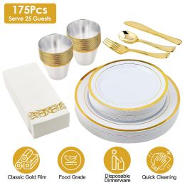175PCS Disposable Gold Rim Dinnerware Set for 25 Guests - Premium Plastic Plates Cups Cutlery Napkins