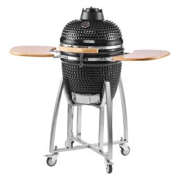 Charcoal Smoker and Grill, 18" Kamado Charcoal BBQ Smoker, Movable Ceramic Barbecue Grill with 4 Wheels (2 Lockable), Built-in Thermometer