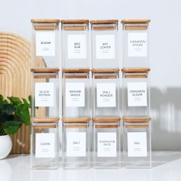 Empty Spice Jars with Label Pack (12x Bamboo Lid Glass Jar). Small 8oz Spice Storage Bottles with 72 Printed Spice Stickers and 20 Writable Pantr