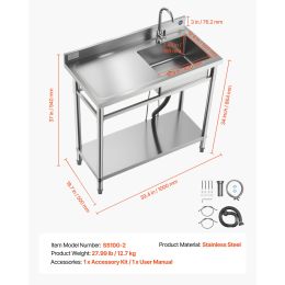 Stainless Steel Utility Sink, Free Standing Single Bowl Commercial Kitchen Sink with Faucet, 39.4 x 19.7 x 37 in