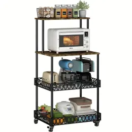 4 Tier Kitchen Baker Rack Coffee Bar Station Microwave Oven Stand Rustic Brown Storage Shelf for Spices Pots Pans Utility Organizer Freestanding