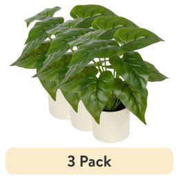 (3 pack) 10-inch x 4-inch Artificial Philodendron Leaf Plant in White Pot, Green, for Indoor Use, by