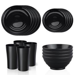 Black Dinnerware Set for 4, 16 Pack Plastic BPA-Free Dinner Plates, Salad Plates, Cereal Bowls, Cups, Unbreakable Plates and Bowls Sets