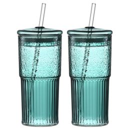 20 Oz 2-pack Green Glass Straw Cup With Vertical Pattern Cup And Lid, High Borosilicate Heat-resistant Glass Cup For Juice, Milk And Cold Drinks (Option: Dark green)