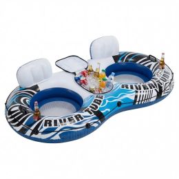 2 Inflatable River Floaters, Equipped With Detachable Refrigerators And Two Cup Holders, Featuring A Supportive Backrest, And With GRAP Ropes (Option: Whiteblue)