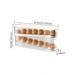Eggs Automatic Rolling Refrigerator Organiser 2 Tier Transparent Rolling Storage Box Refrigerator Side Door, Durable Plastic, Tray Container (Option: White)