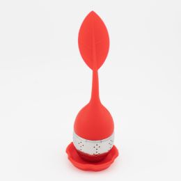 1pc Tea Infuser Silicone Handle Stainless Steel Strainer Drip Tray Included - Loose Tea Steeper - Best Tea Infuser For Loose Leaf Or Herbal Tea (Color: 1 Pack Red)