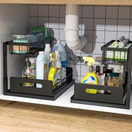 1/2pcs kitchen rack for sink organization and storage, under sink organization, sliding pull-out cabinet organization rack, metal sliding drawer (Color: black-2pcs)