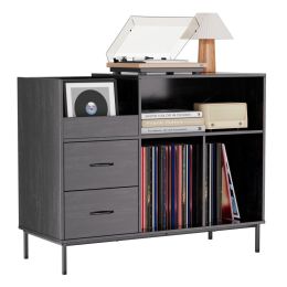 Record Player Stand With Power Outlet  Flip-Down Lid, Turntable Table With Storage For 300 Vinyls, Black Wood Grain Media Console With 2 Drawers, (Option: Black)